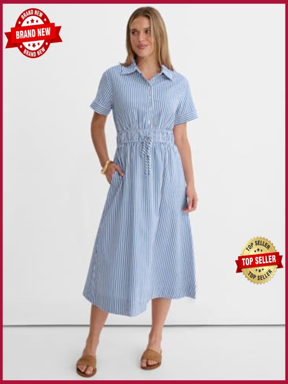 Striped Button Down Midi Dress with Pockets - Picture 6 of 7